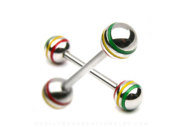 Piercing barbell vert/ jaune/ rouge