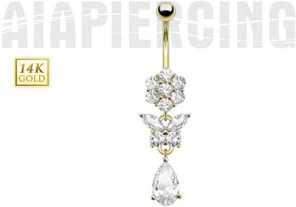 Piercing nombril fleur, papillon et pierre