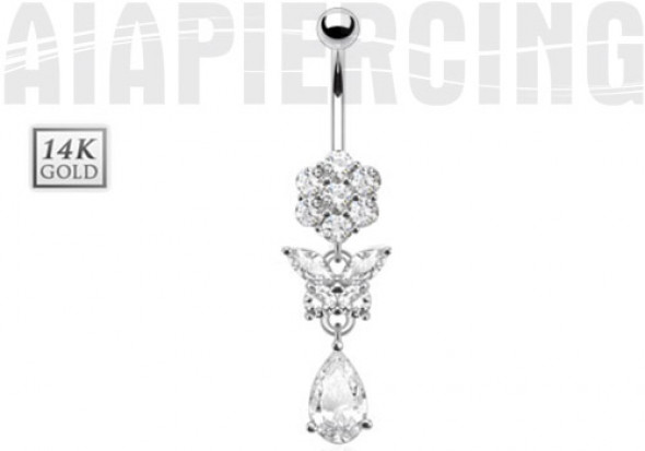 Piercing nombril fleur, papillon et pierre or blanc