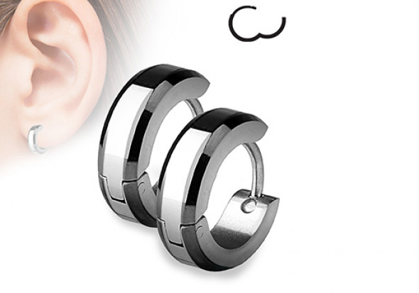 Boucle d'oreille anneau acier rayures noires biseautées 4mm