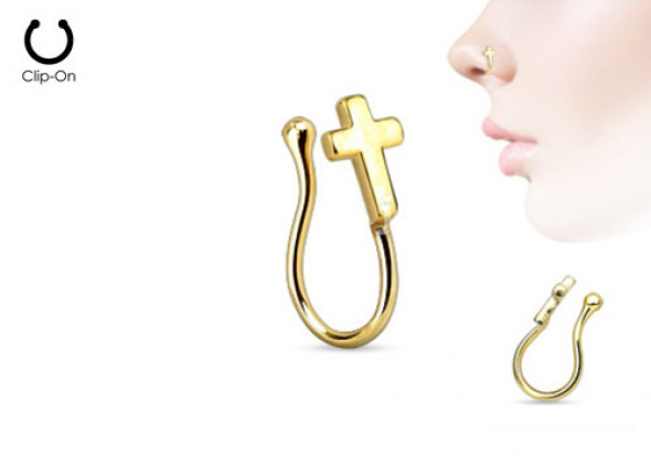 Faux piercing de nez croix plaqué or