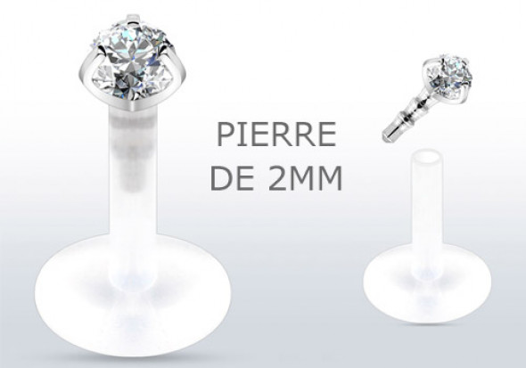 Piercing labret argent pierre blanche 2mm