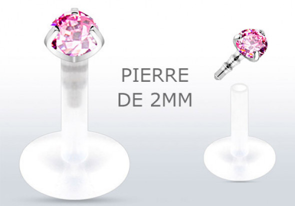 Piercing labret ou tragus pierre rose 2mm