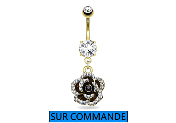 Piercing Nombril rose plaqué or strass noir et blanc