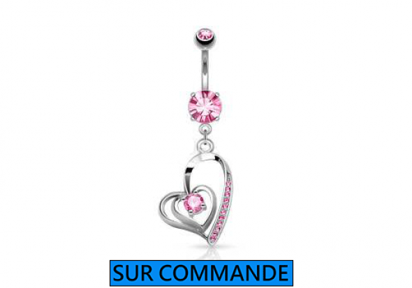 Piercing Nombril double coeur et strass rose