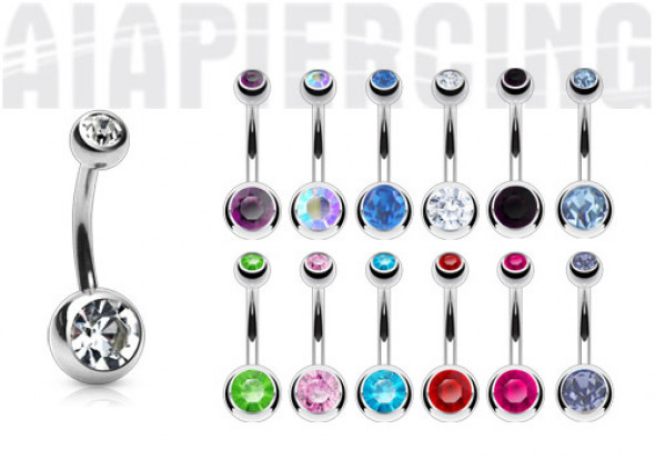 Piercing nombril acier chirugical double pierre strass - Boules 5 et 8mm