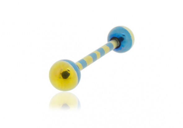 Piercing langue acier bleu rayé jaune