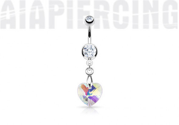 Piercing nombril coeur de cristal blanc irisé