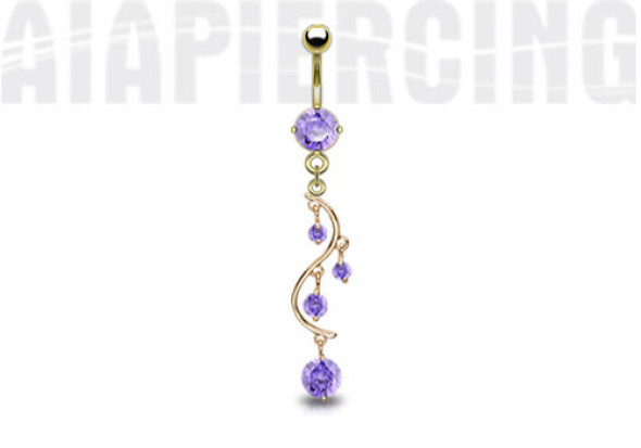 Piercing nombril plaqué or cascade pierres violettes