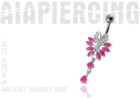 Piercing nombril argent papillon fushia