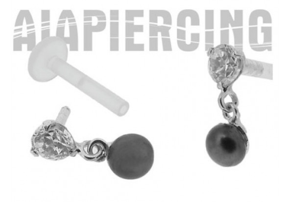 Piercing labret or gris pendentif perle et pierre