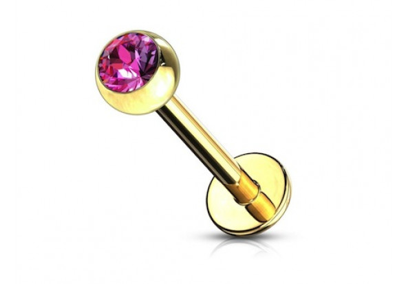 Piercing labret plaqué or et strass fushia