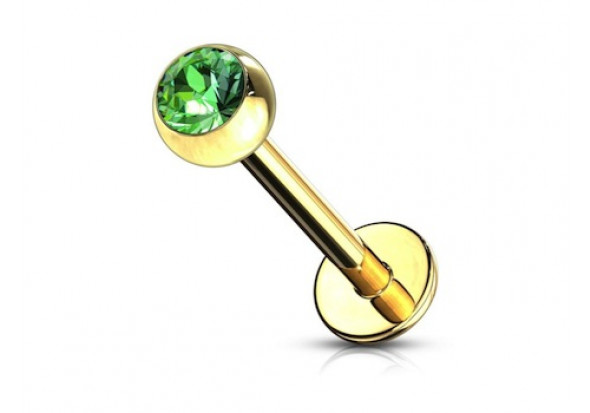 Piercing labret plaqué or et strass vert