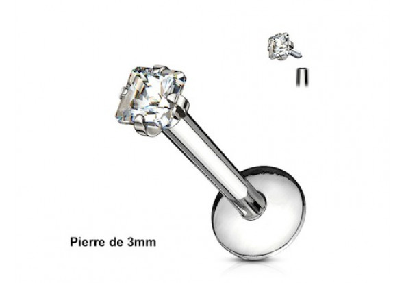 Piercing labret pierre carrée-Blanc 3mm