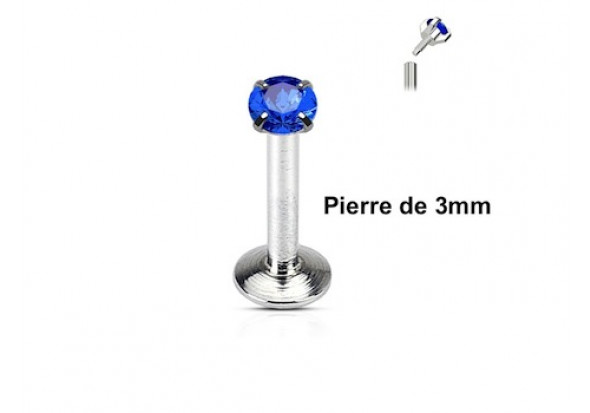 Piercing Labret interne pierre bleue 3mm