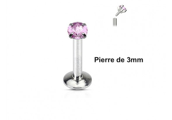 Piercing Labret interne pierre rose 3mm