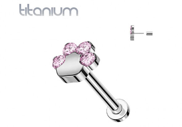 Piercing Labret titane push-in patte de chat rose