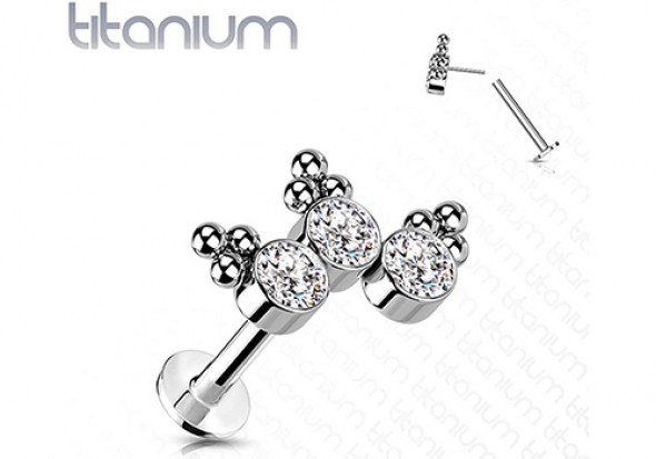 piercing labret titane 3 pierres et bille blanc Push-In