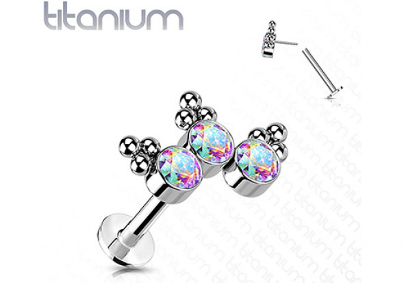 piercing labret titane 3 pierres blanc irisée et bille Push-In