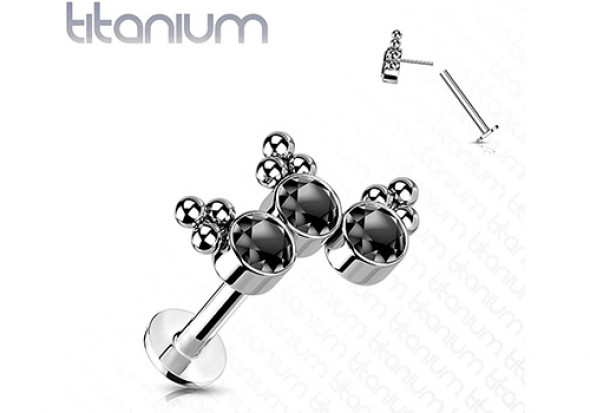 piercing labret titane 3 pierres et bille noir Push-In