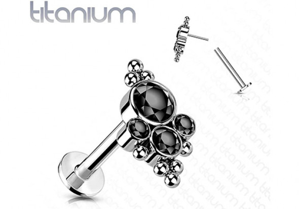 piercing labret titane 4 pierres noires et bille Push-In