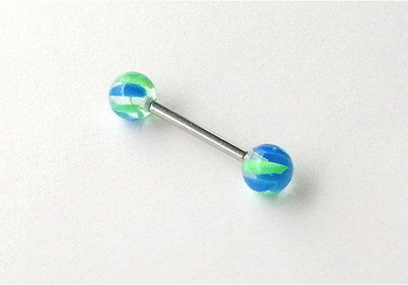 Piercing langue acrylique vert et bleue