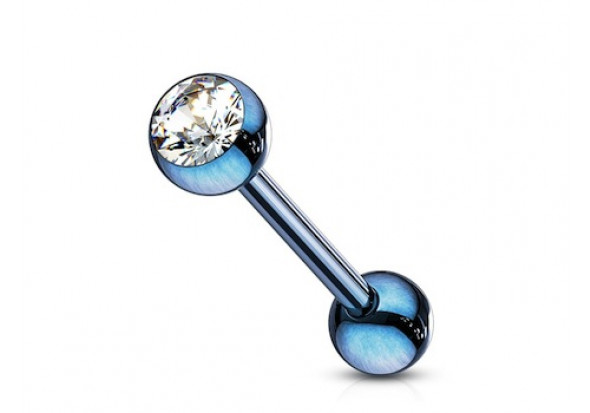 Piercing langue acier anodisé bleu strass blanc