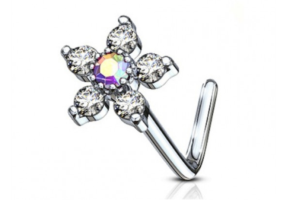 Piercing nez L fleur et strass blanc irisé