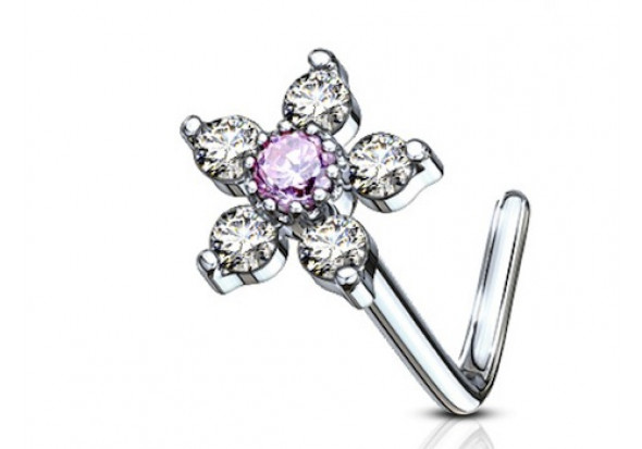 Piercing nez L fleur et strass rose