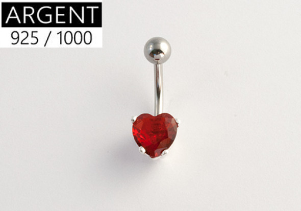 Piercing nombril argent coeur griffé rouge