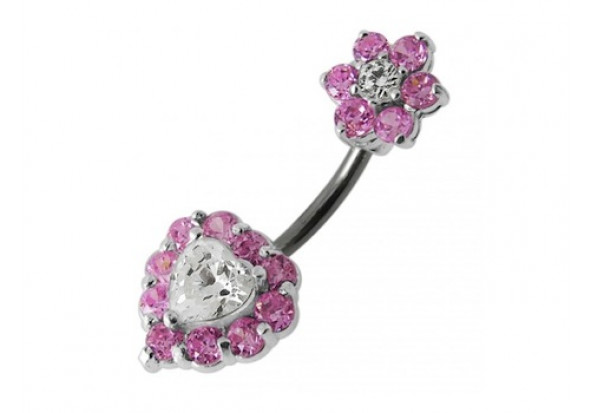 Pendentif nombril argent coeur fleur rose