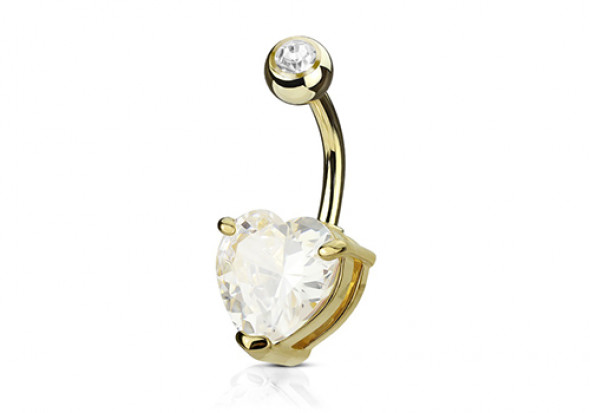 Piercing nombril coeur griffé plaqué or pierre 10mm