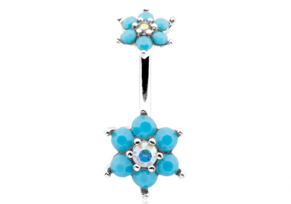 Piercing nombril double fleur et pierre turquoise