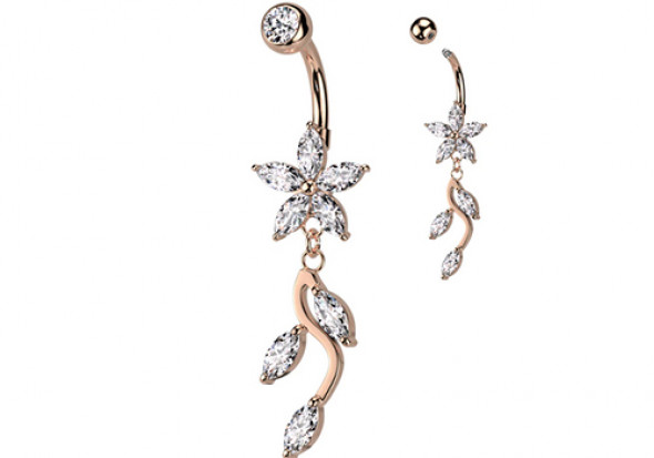 Piercing nombril marquise fleur banche plaqué or rose