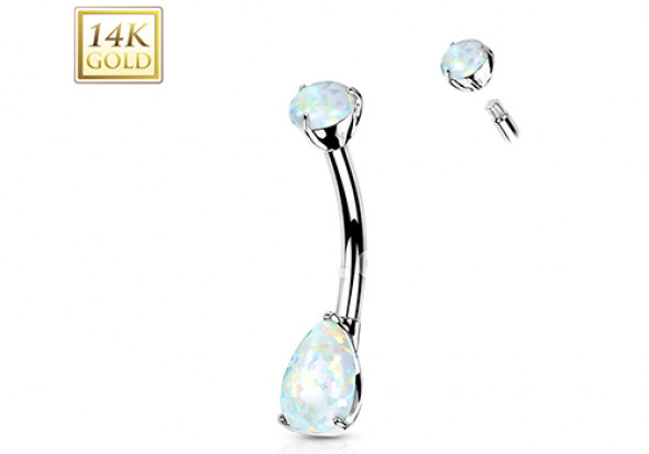 Piercing nombril or blanc 14 carats goutte opale griffée