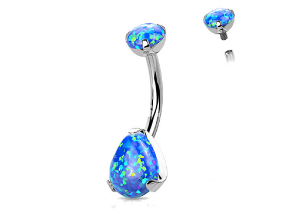 Piercing nombril titane opale goutte griffée bleue