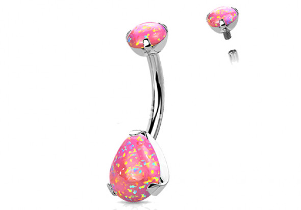 Piercing nombril titane opale goutte griffée rose