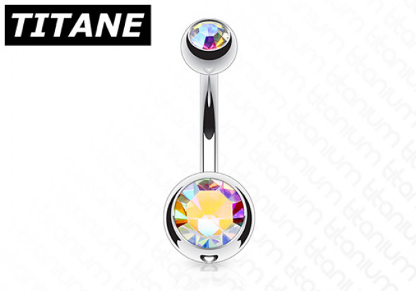 Piercing nombril titane double strass blanc irisé