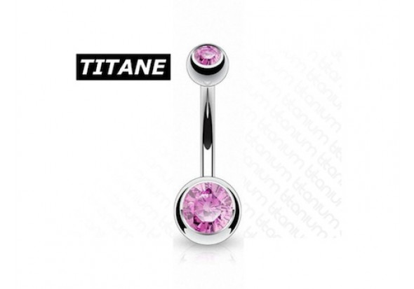 Piercing nombril titane double strass rose