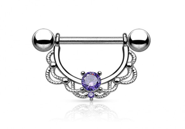 Piercing téton pendant tréssé strass violet