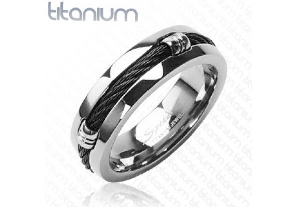 Bague en titane motif cordage noir