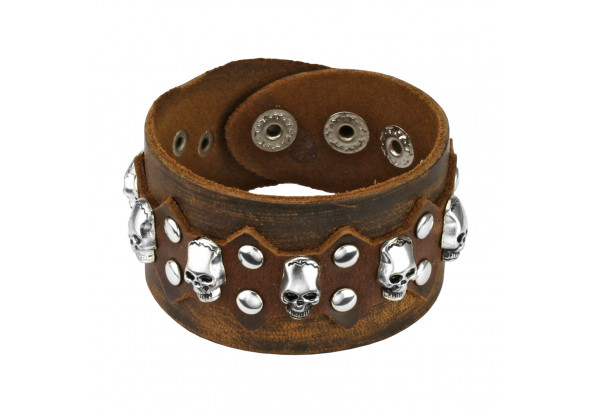 Bracelet en cuir marron et têtes de morts 