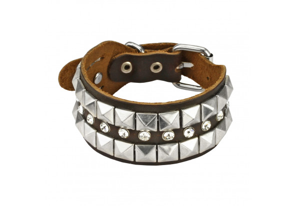 Bracelet cuir marron avec pyramides et strass