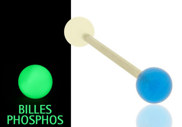 Piercing langue phospho bleu et blanc