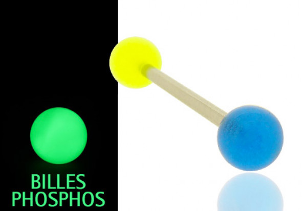 Piercing langue phospho bleu et jaune