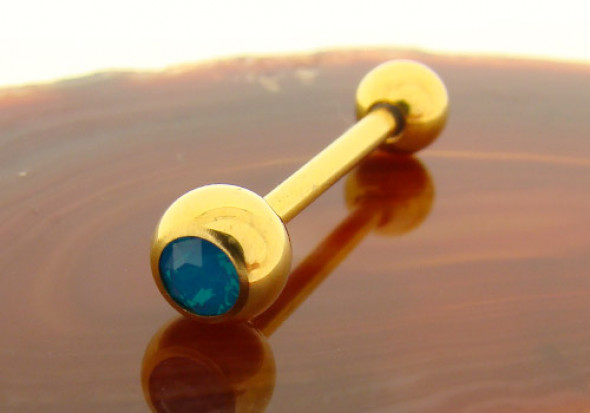 Piercing langue plaqué or opalite bleue