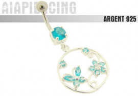 Piercing nombril argent pendentif papillon et fleur turquoises