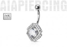 Piercing nombril pierre ronde et diamants CZ or blanc