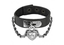 Bracelet en cuir noir cadenas coeur