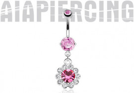 Piercing nombril acier chirurgical fleur de pierres roses